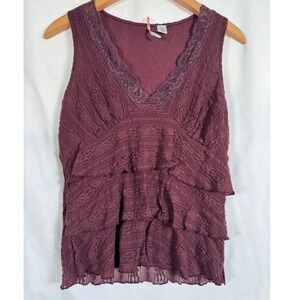Anthropologie Ric Rac Burgundy Lace Tiered Ruffle V‎ Neck Sleeveless Top -  M